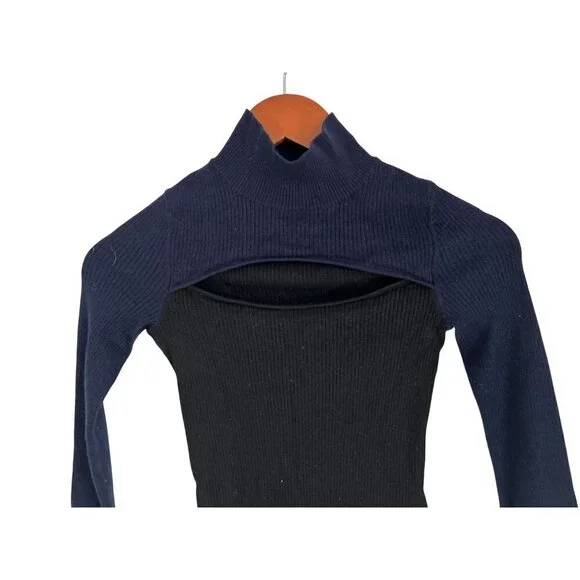 From Future Womens Ribbed Two-Tone Navy & Black Turtleneck Wool Sweater Size Sma - Picture 5 of 10